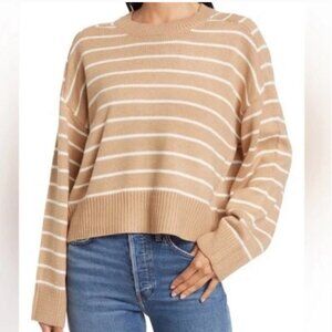 T Tahari | Tan and White Striped Crewneck Knit Sweater Size Medium